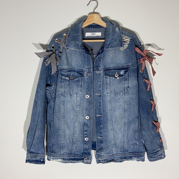 COPY - Zara Blue Oversized Denim Jacket with Gingham Ribbon Detail - Picture 6 of 15